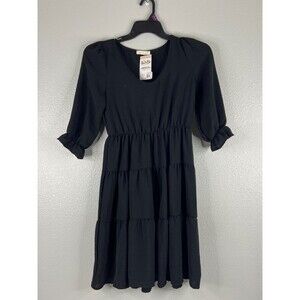 Reb In J Women Large Black Tiered Midi Dress Casual V Neck Casual
